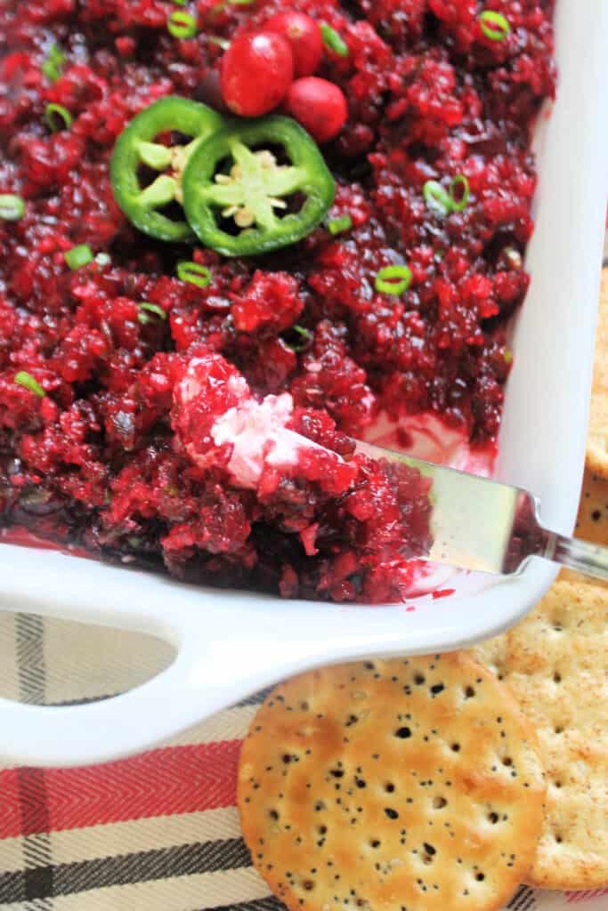 A close up of a spreader scooping out some Cranberry Jalapeno Dip/