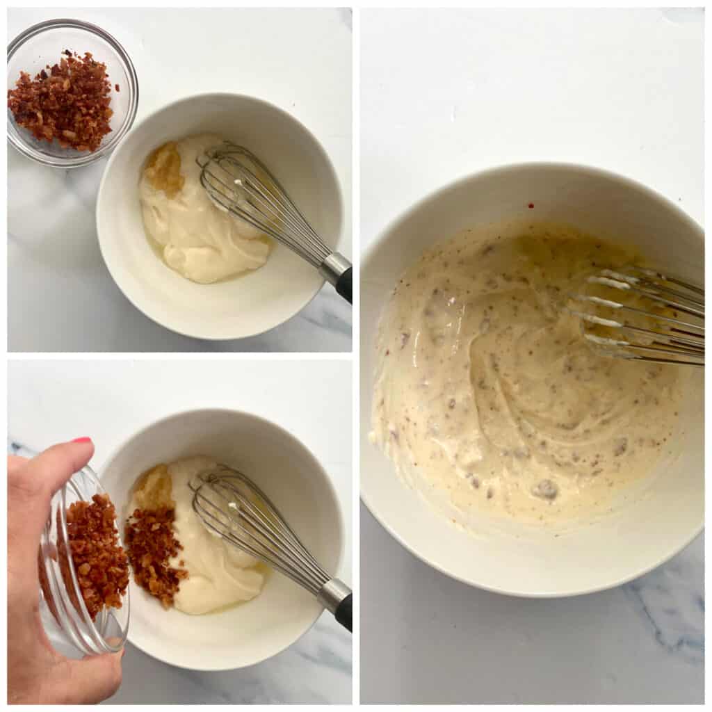 A collage of the process of adding ingredients to make bacon aioli.