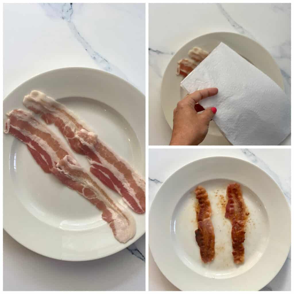 A collage showing how to make bacon in the microwave.