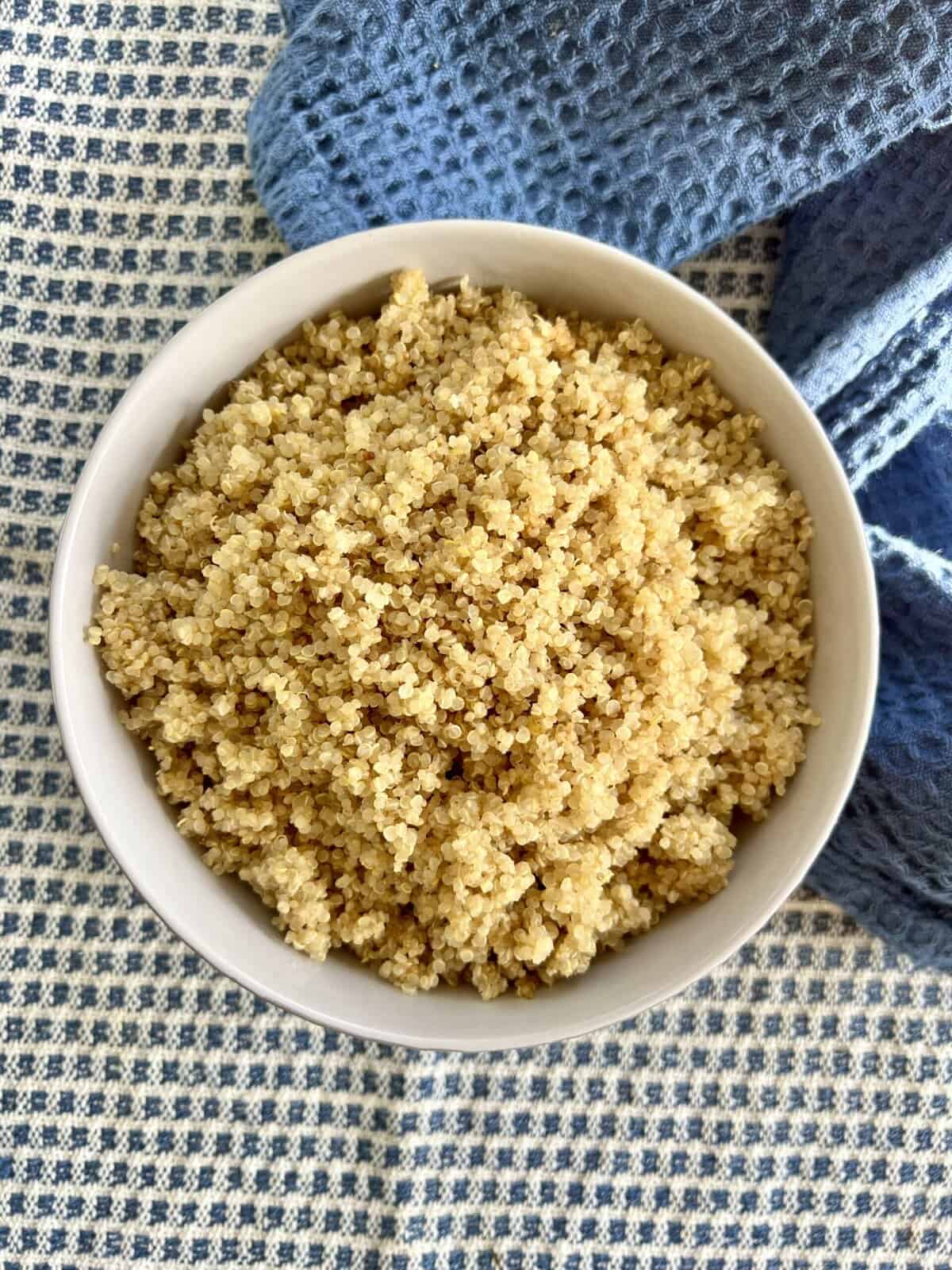 Overhead shot of oven baked quinoa in a bowl.