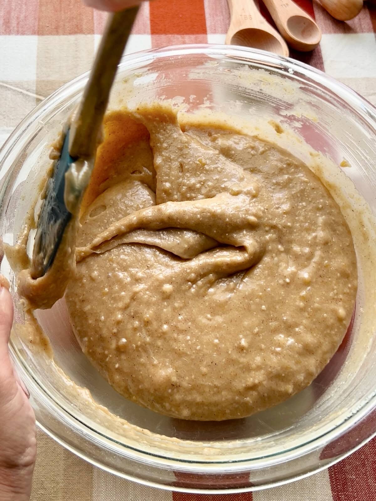 Apple spice cake batter after adding the dry ingredients.