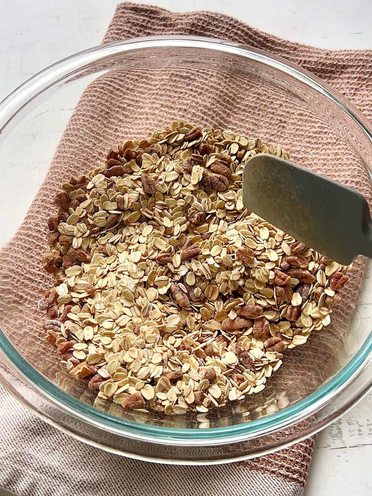 Dry ingredients mixed together in a bowl for Baked Pumpkin Oatmeal.
