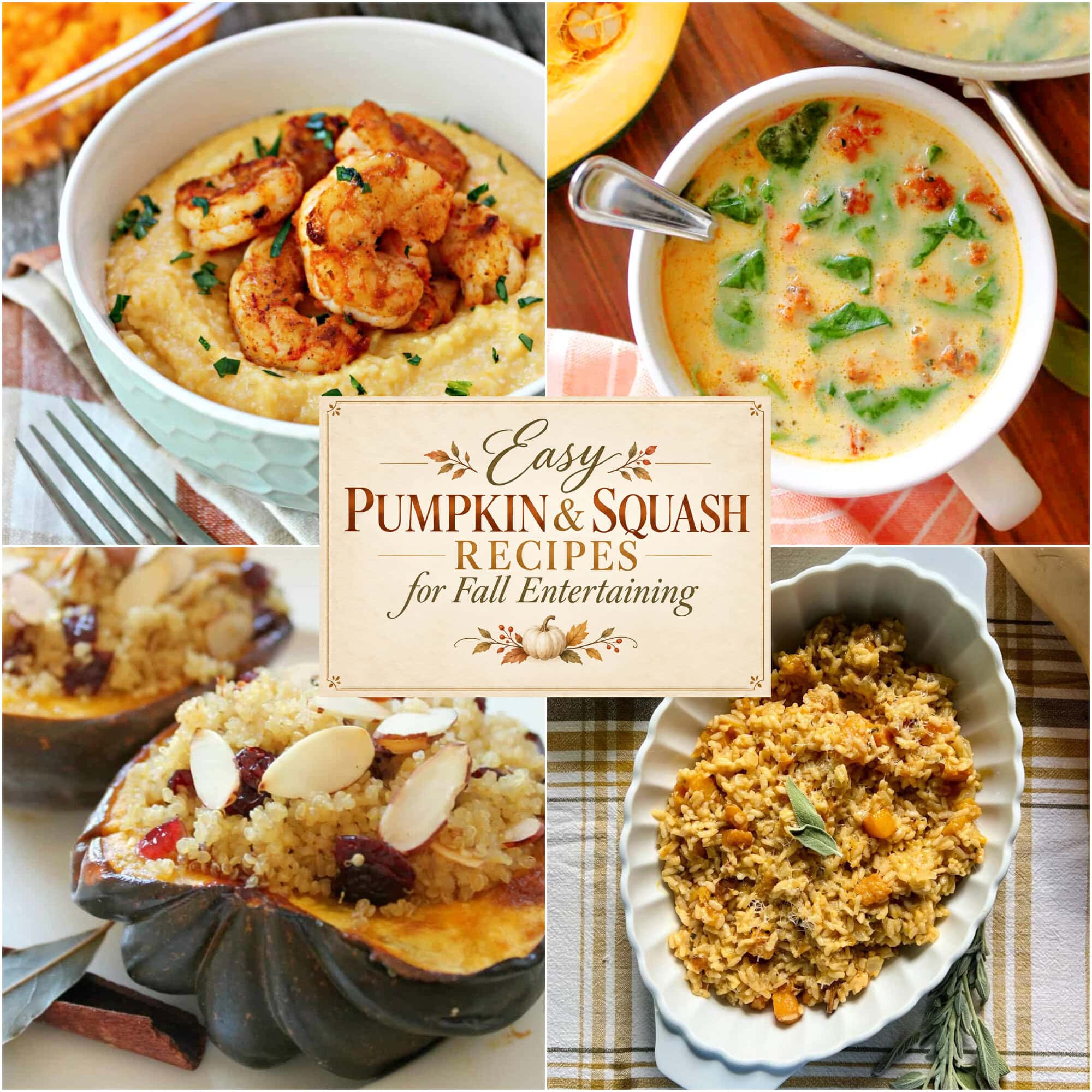 Collage of 4 fall salads with text overlay that reads Easy Pumpkin & Squash Recipes for Fall Entertaining